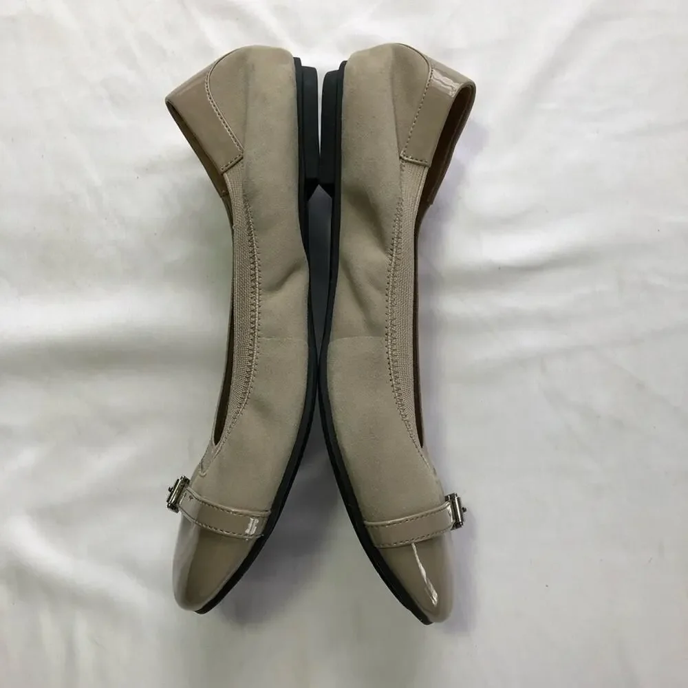 Vionic neva slip on ballet flats taupe tan suede patent leather buckle womens 9